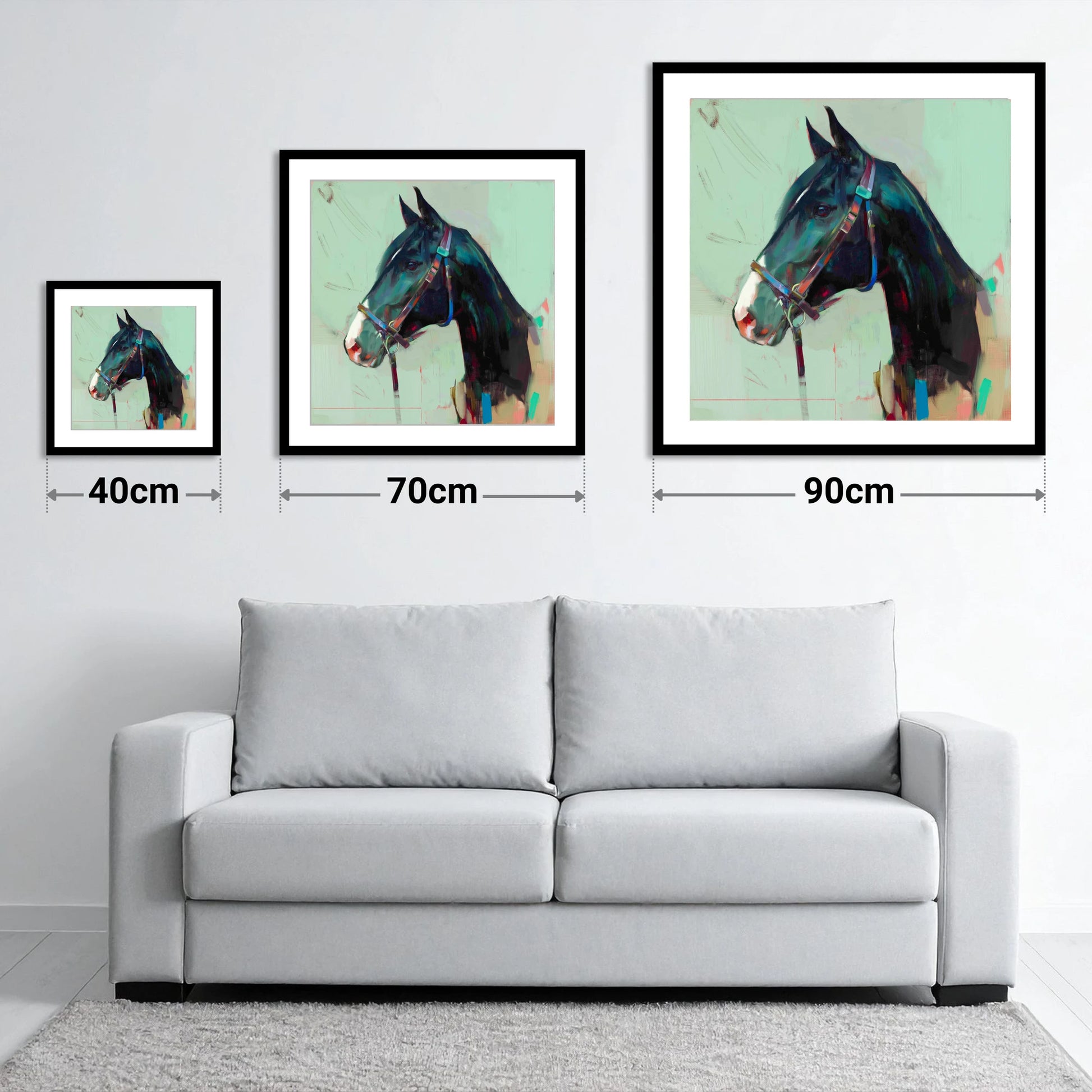 Midnight Profile in Teal - size guide showing 40cm, 70cm and 90cm art prints