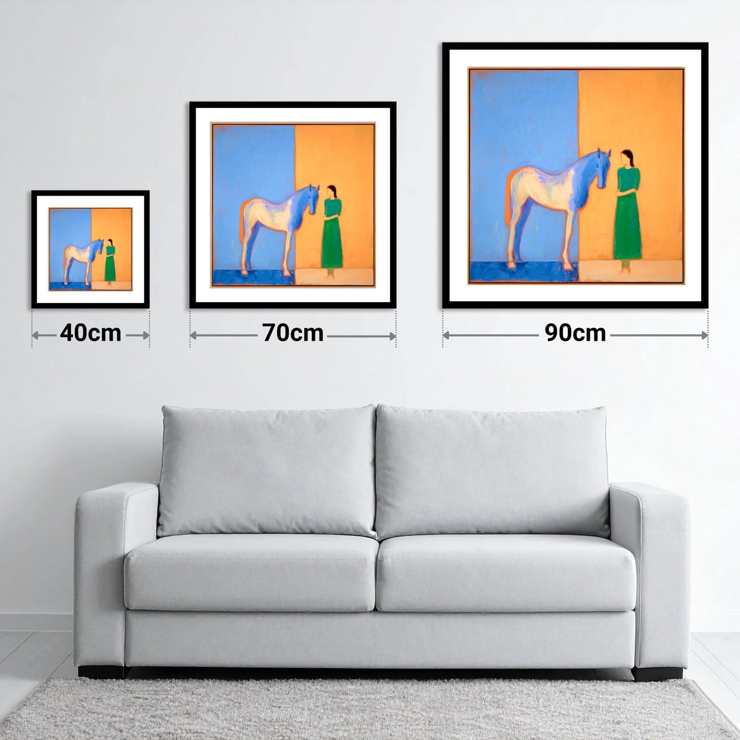 The Silent Bond - size guide showing 40cm, 70cm and 90cm art prints