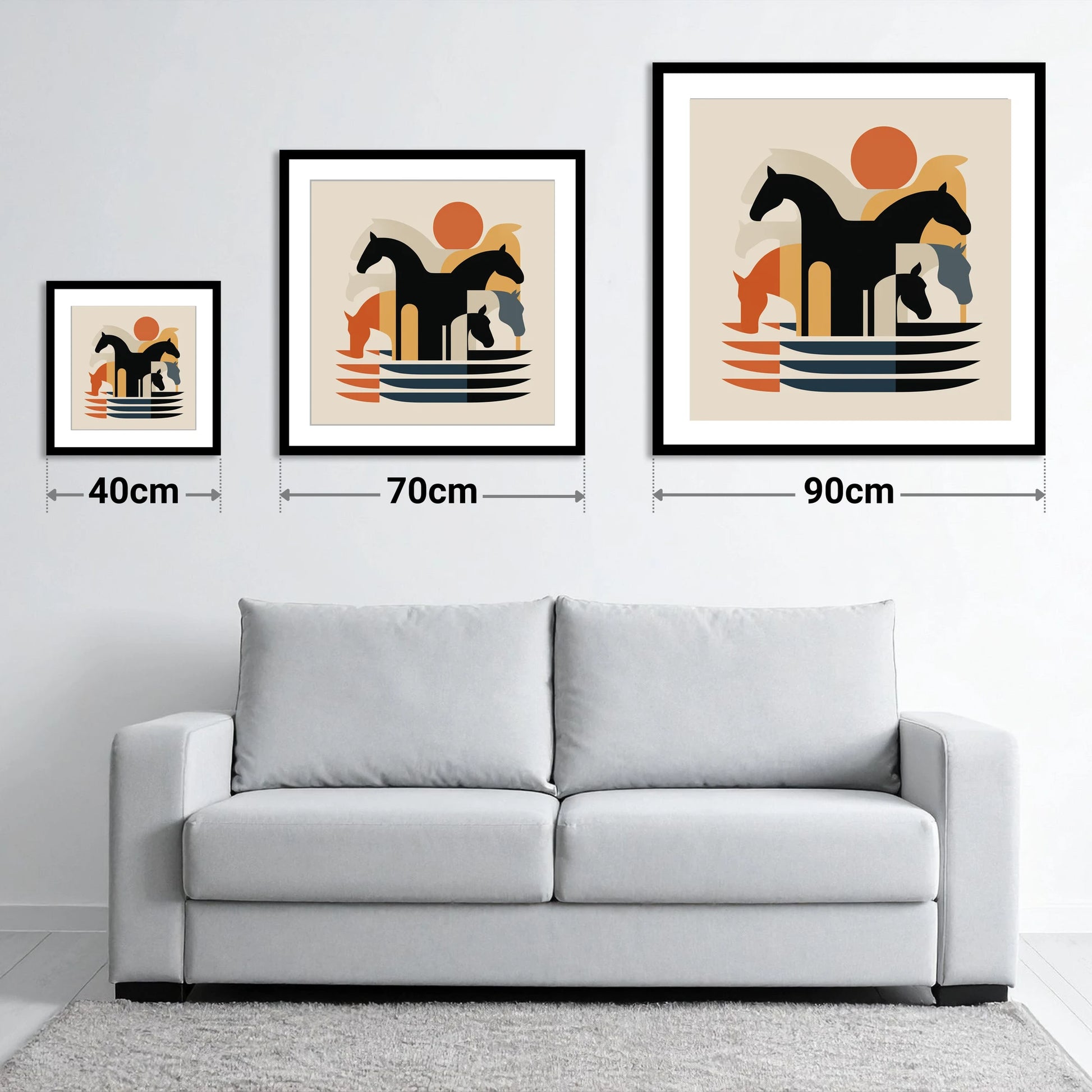 Abstract Terracotta Herd - size guide showing 40cm, 70cm and 90cm art prints