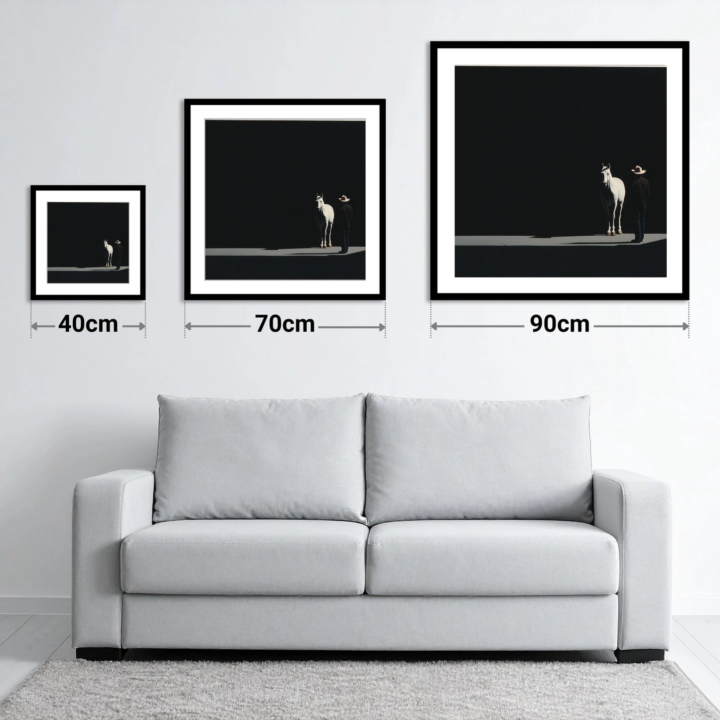 Silent Western Partnership - size guide showing 40cm, 70cm and 90cm art prints