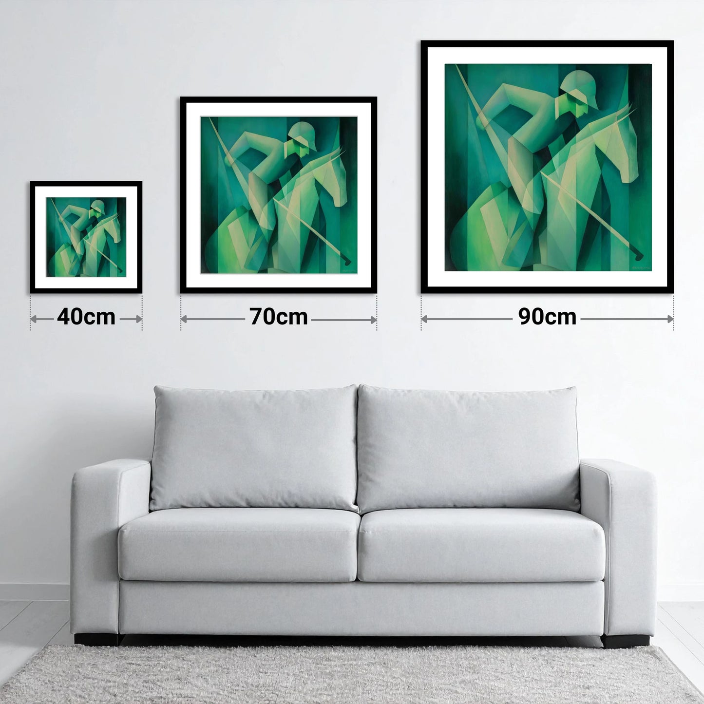 Emerald Polo Rhythm - size guide showing 40cm, 70cm and 90cm art prints
