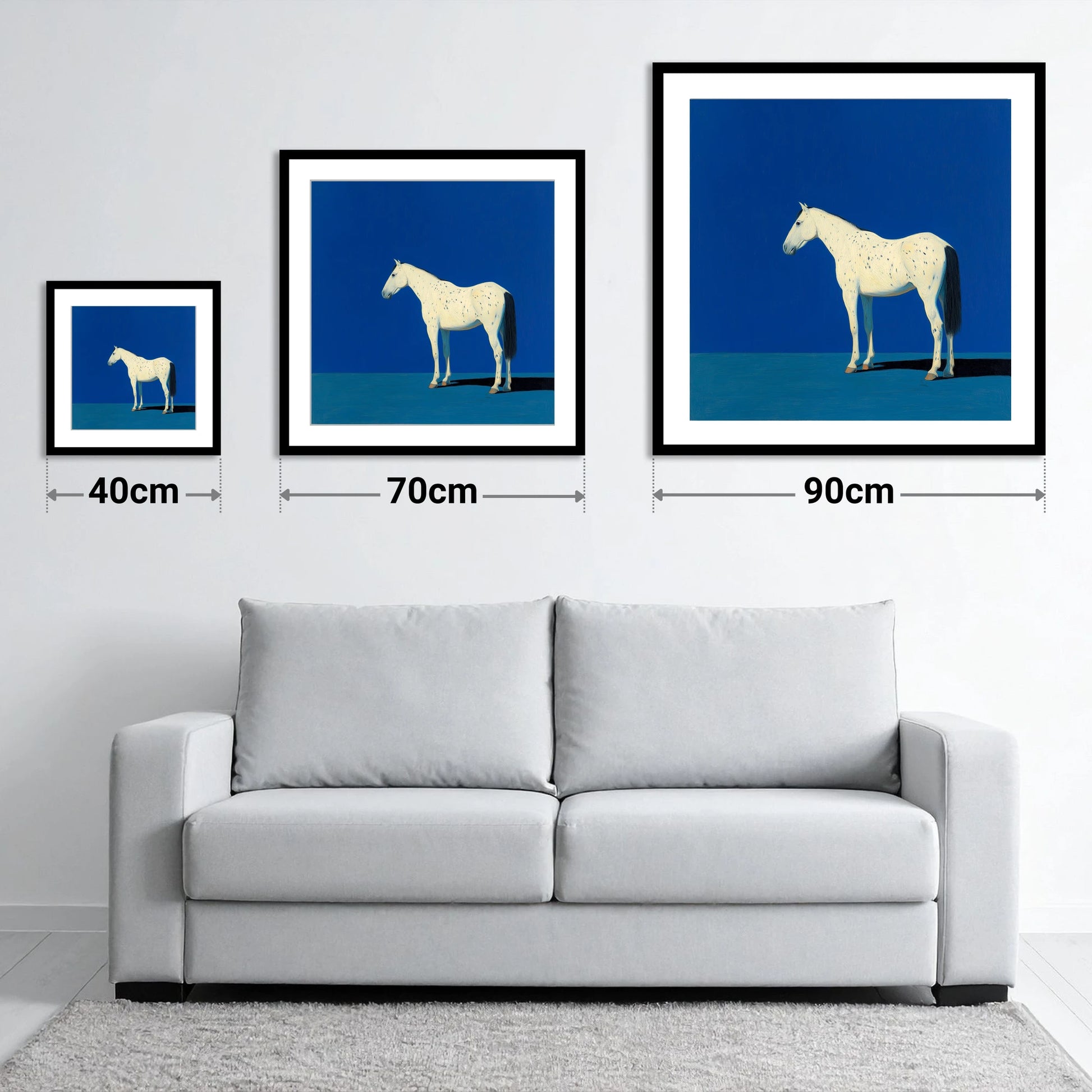The Minimalist Appaloosa - size guide showing 40cm, 70cm and 90cm art prints