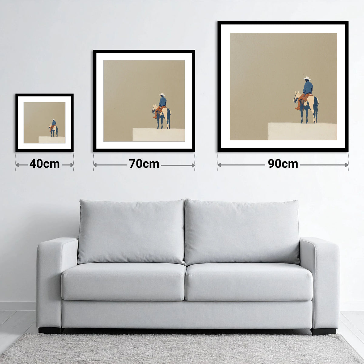 Western Rider on Paint Horse - size guide showing 40cm, 70cm and 90cm art prints