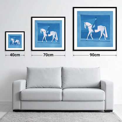 Blue Dressage Silhouette - size guide showing 40cm, 70cm and 90cm art prints