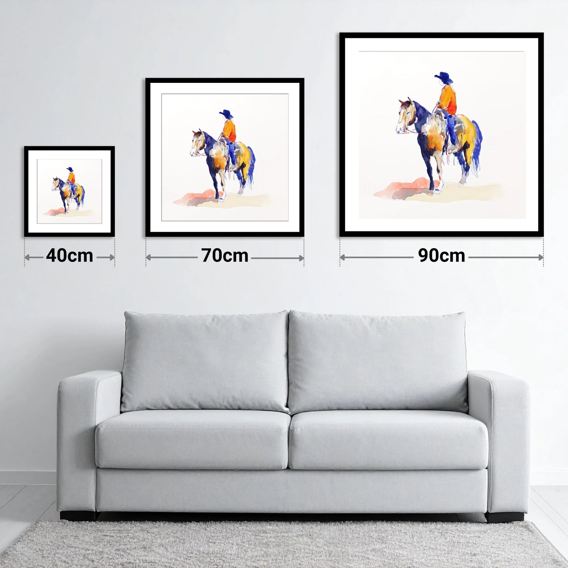 Vivid Western Rider - size guide showing 40cm, 70cm and 90cm art prints