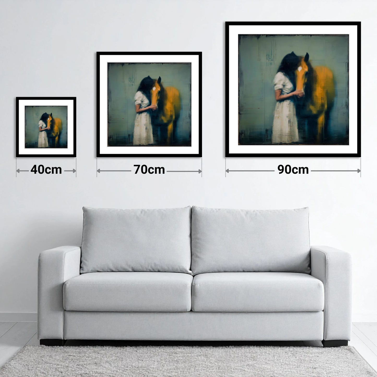 Silent Devotion - size guide showing 40cm, 70cm and 90cm art prints