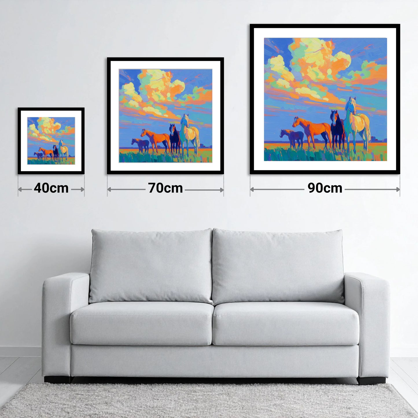 Painted Horizon Herd - size guide showing 40cm, 70cm and 90cm art prints