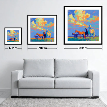 Painted Horizon Herd - size guide showing 40cm, 70cm and 90cm art prints