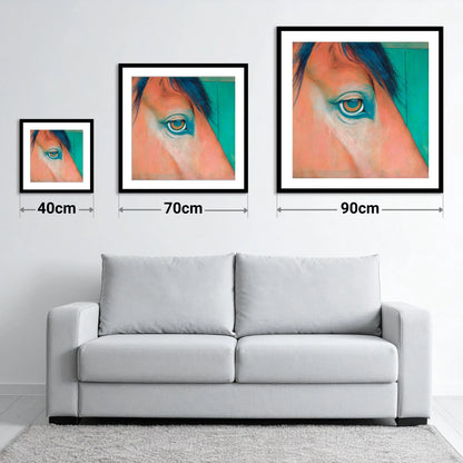 Soulful Emerald Gaze - size guide showing 40cm, 70cm and 90cm art prints