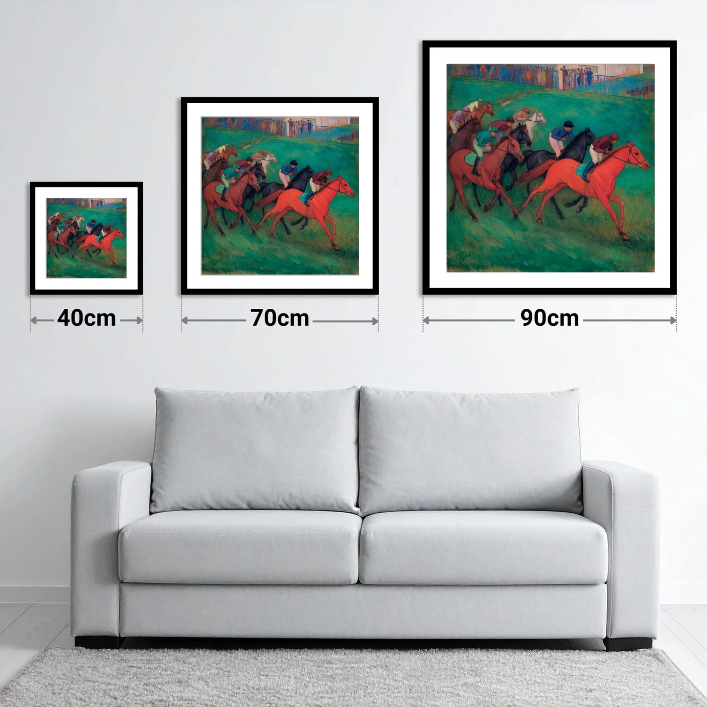 The Crimson Gallop - size guide showing 40cm, 70cm and 90cm art prints