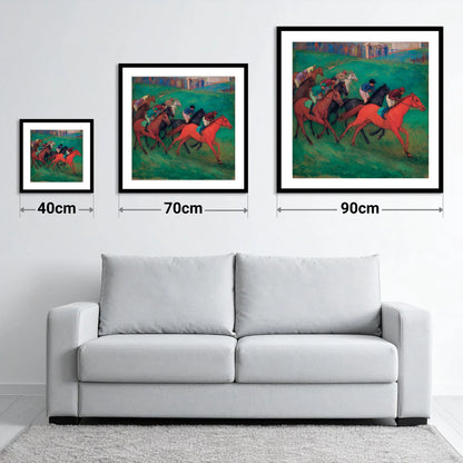 The Crimson Gallop - size guide showing 40cm, 70cm and 90cm art prints