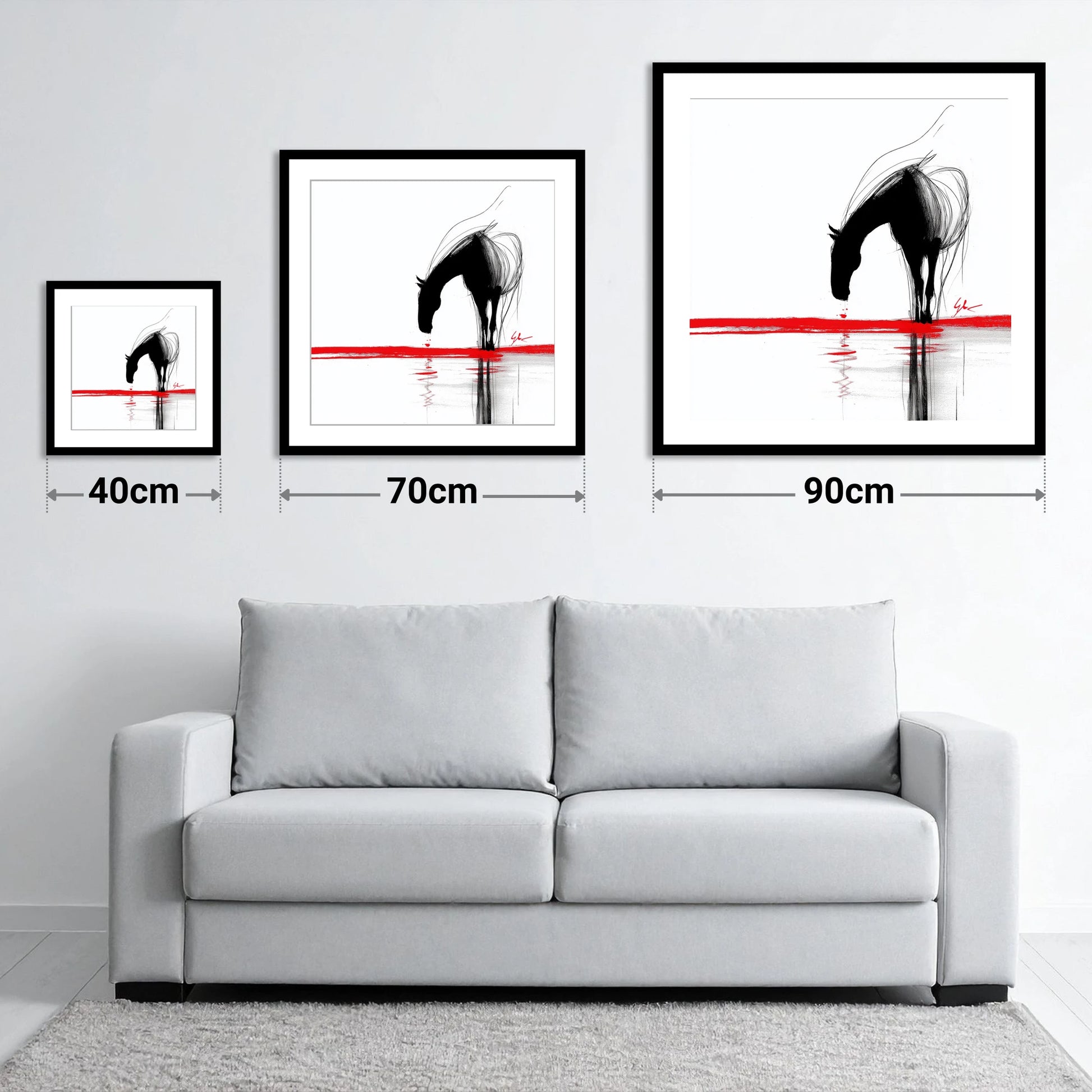 Crimson Reflection - size guide showing 40cm, 70cm and 90cm art prints
