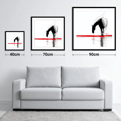 Crimson Reflection - size guide showing 40cm, 70cm and 90cm art prints