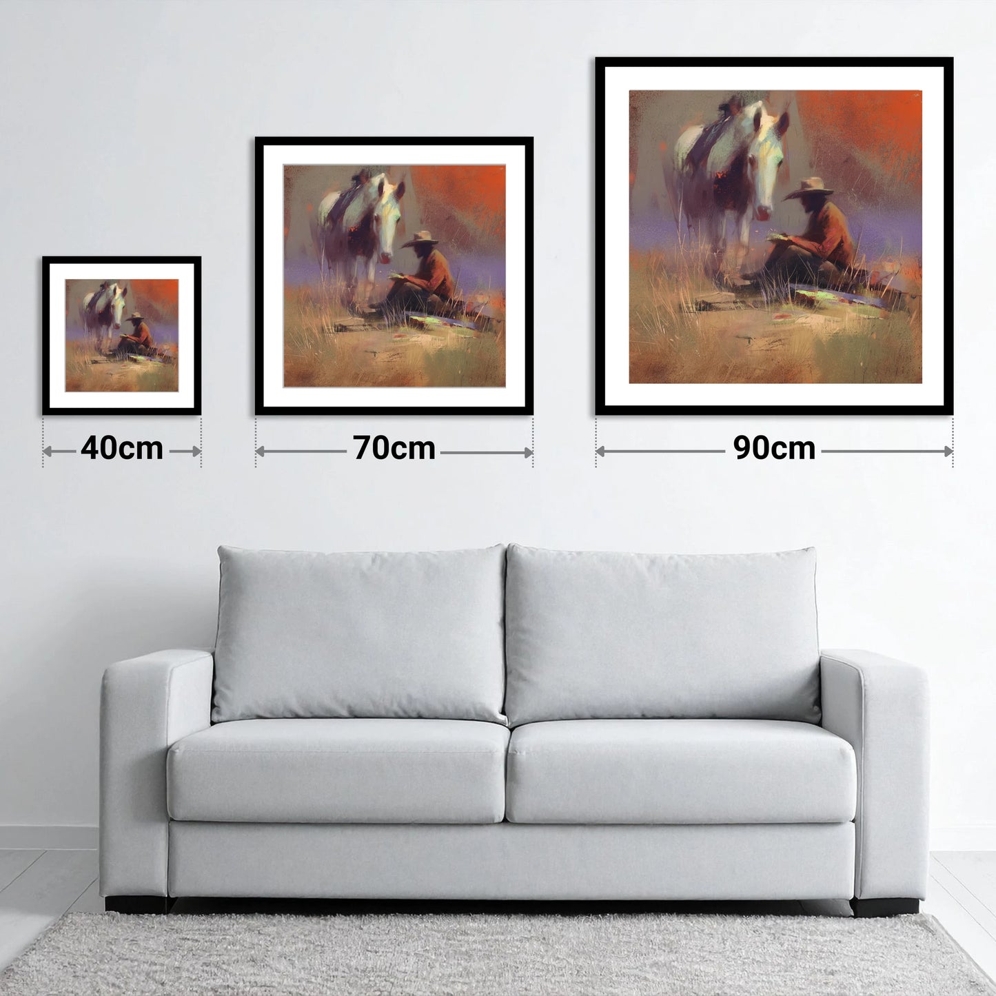 The Rider's Rest - size guide showing 40cm, 70cm and 90cm art prints