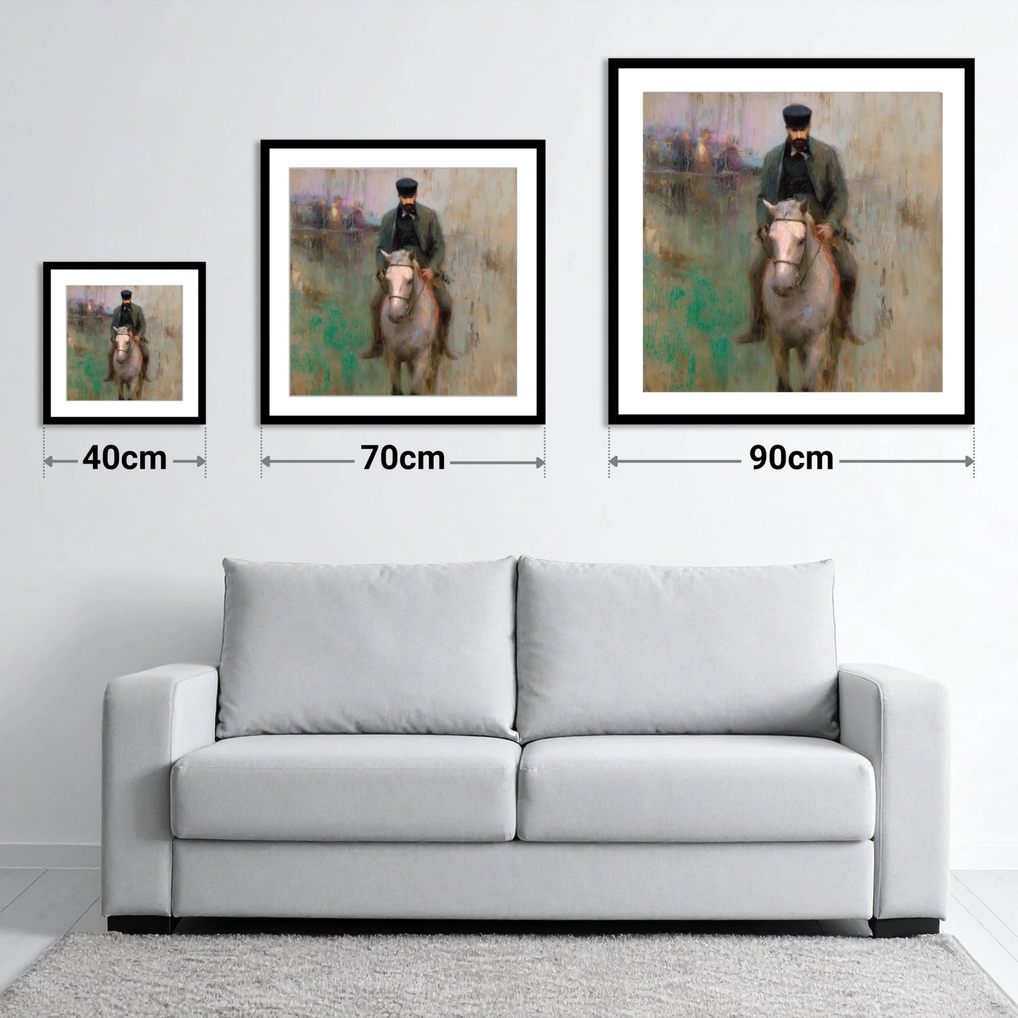 The Morning Work - size guide showing 40cm, 70cm and 90cm art prints