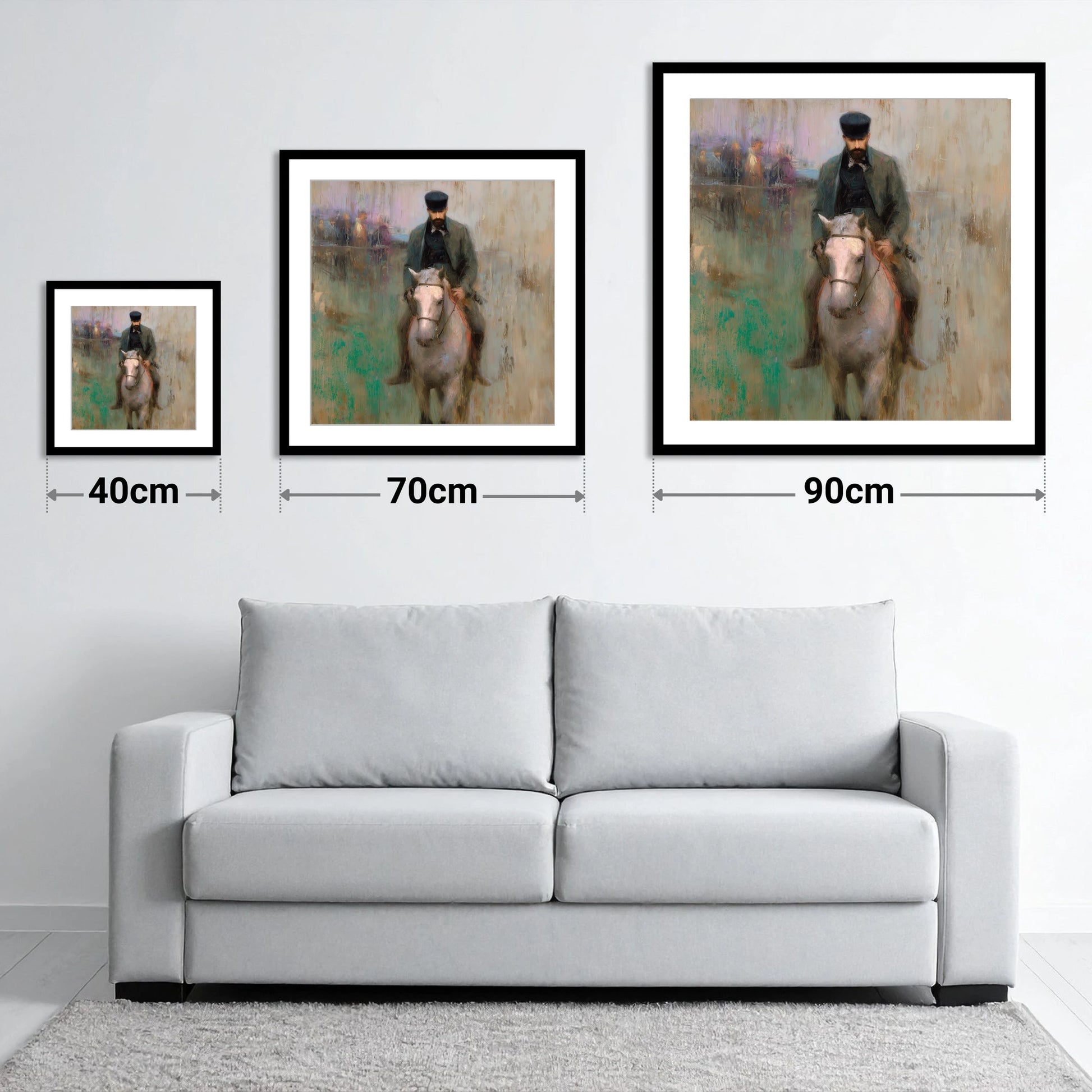 The Morning Work - size guide showing 40cm, 70cm and 90cm art prints