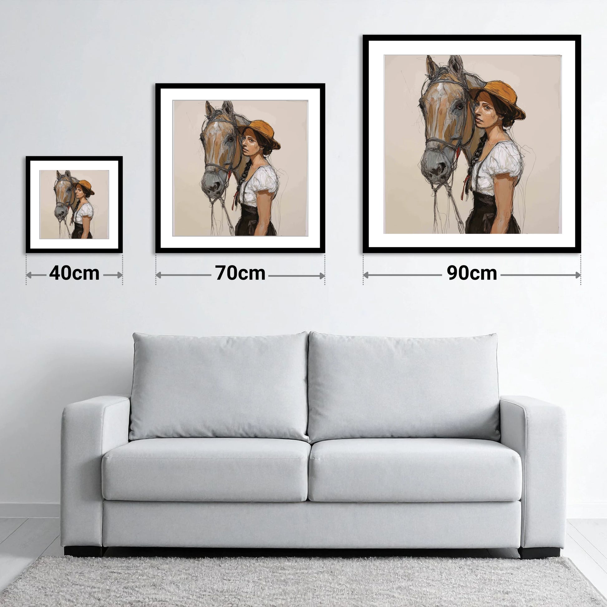 Unspoken Bond - size guide showing 40cm, 70cm and 90cm art prints