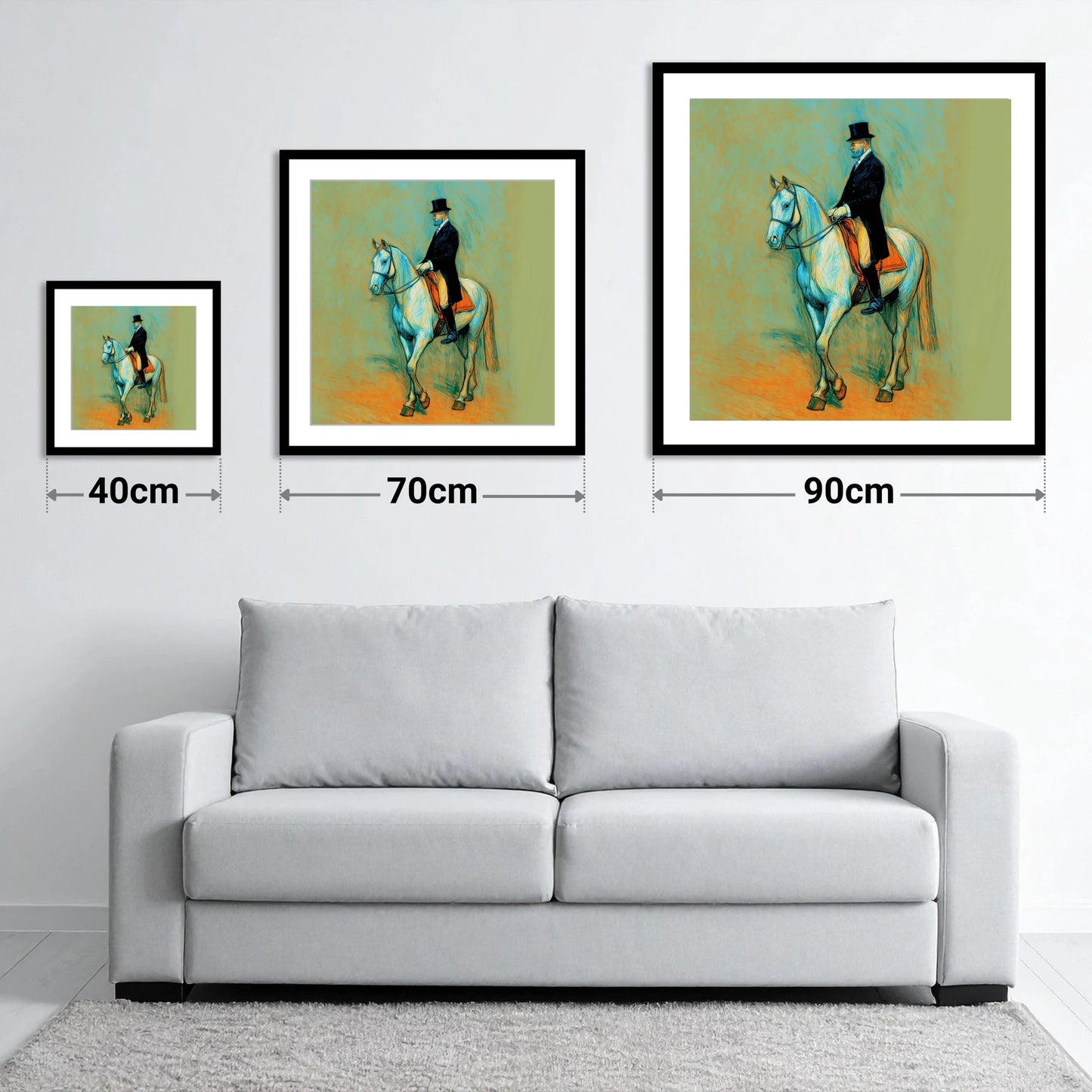 The Classical Master - size guide showing 40cm, 70cm and 90cm art prints