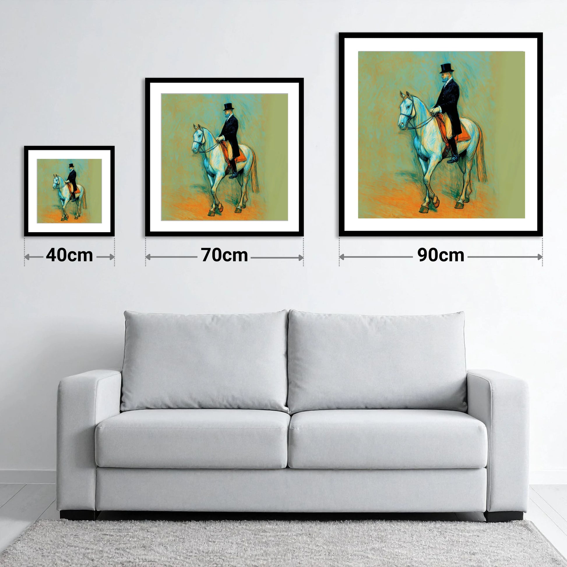 The Classical Master - size guide showing 40cm, 70cm and 90cm art prints