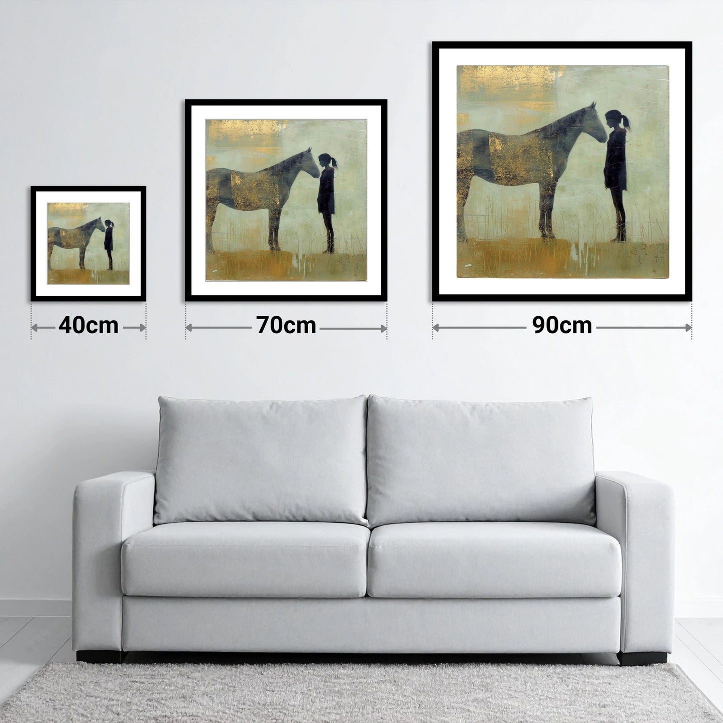 The Golden Bond - size guide showing 40cm, 70cm and 90cm art prints