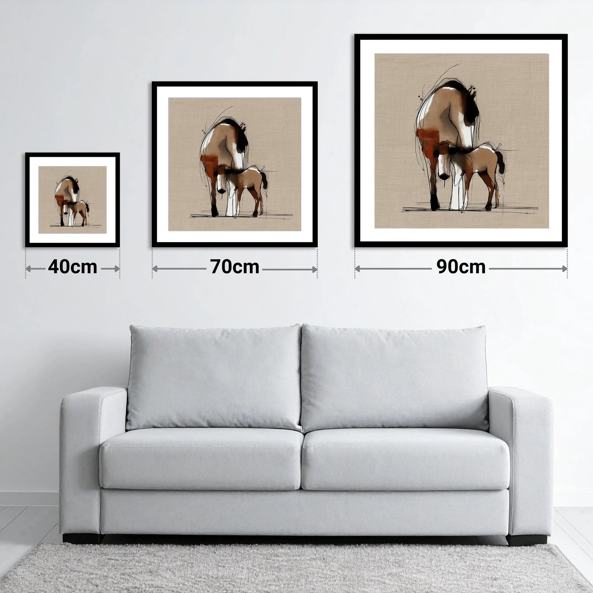 Tender Sepia Bond - size guide showing 40cm, 70cm and 90cm art prints