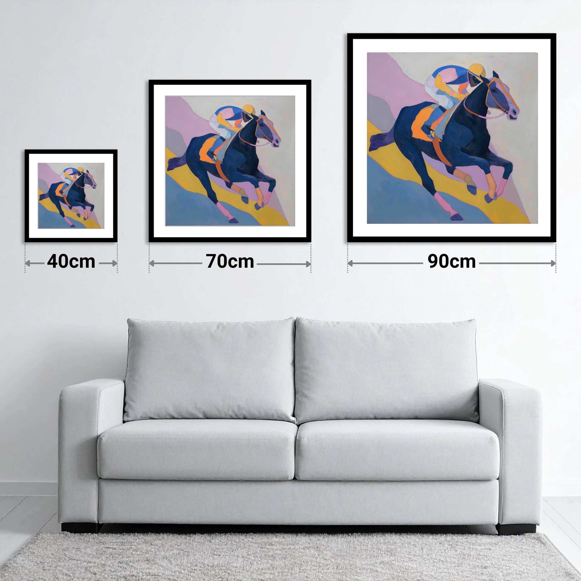Vibrant Racing Stride - size guide showing 40cm, 70cm and 90cm art prints