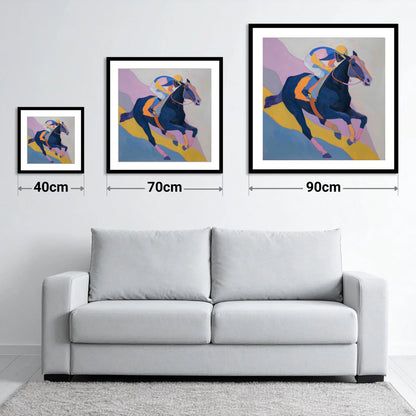 Vibrant Racing Stride - size guide showing 40cm, 70cm and 90cm art prints