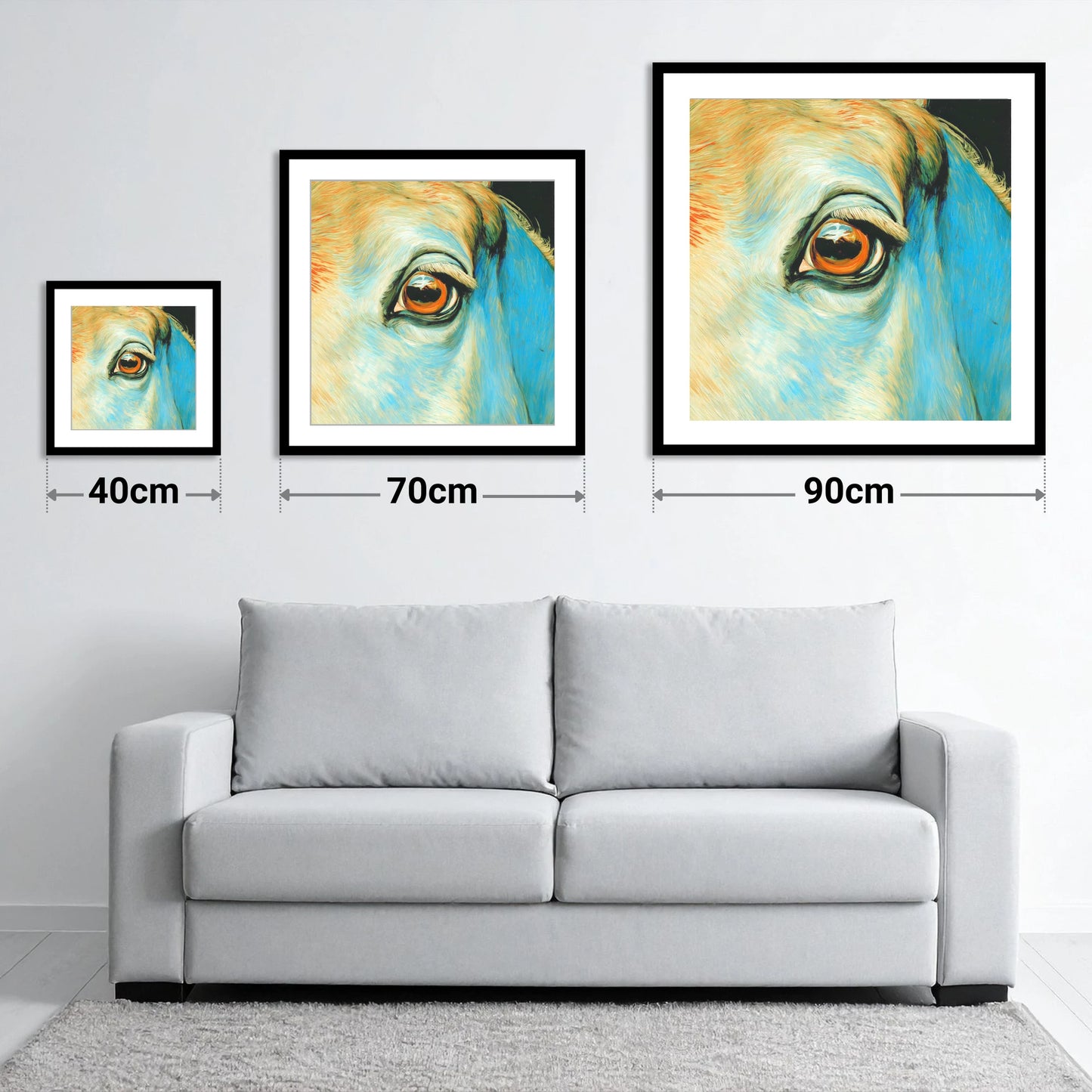 The Azure Gaze - size guide showing 40cm, 70cm and 90cm art prints