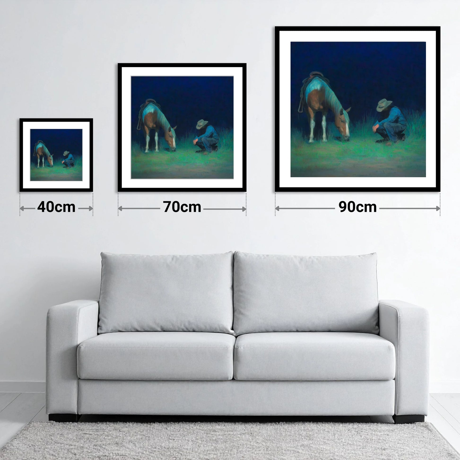 Under An Indigo Sky - size guide showing 40cm, 70cm and 90cm art prints