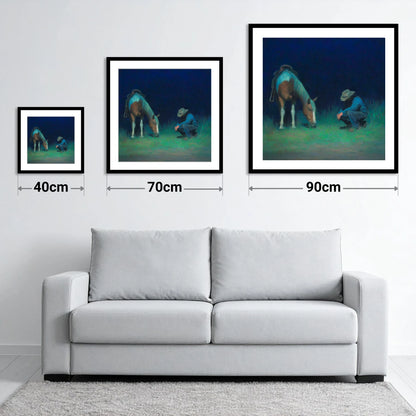Under An Indigo Sky - size guide showing 40cm, 70cm and 90cm art prints