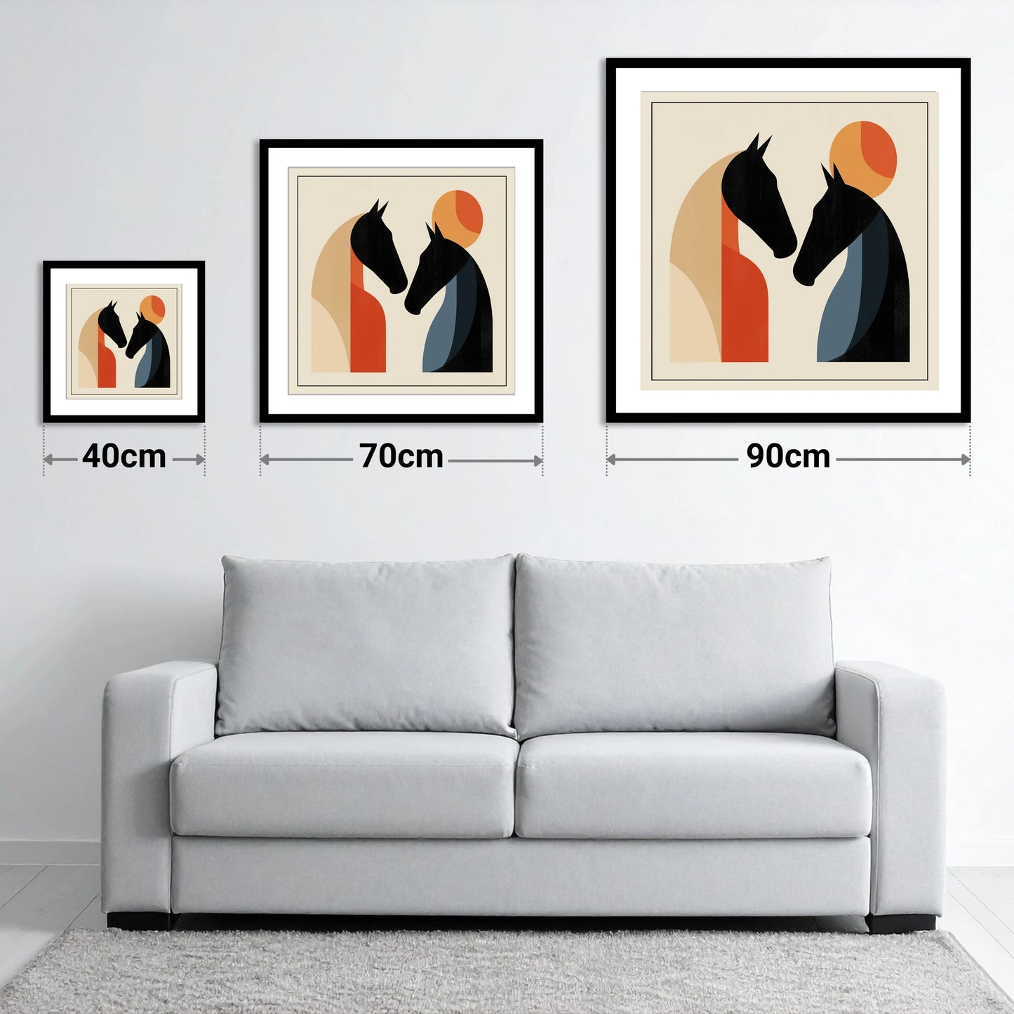 Geometric Equine Greeting - size guide showing 40cm, 70cm and 90cm art prints