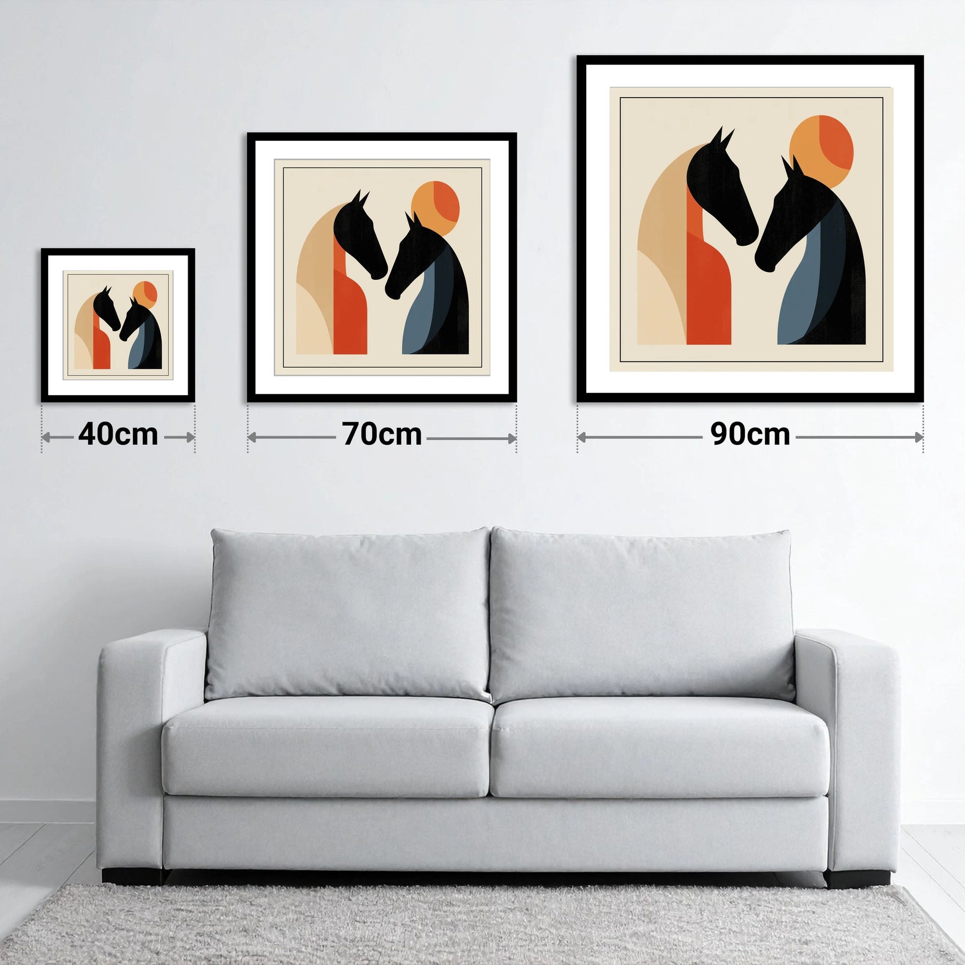 Geometric Equine Greeting - size guide showing 40cm, 70cm and 90cm art prints