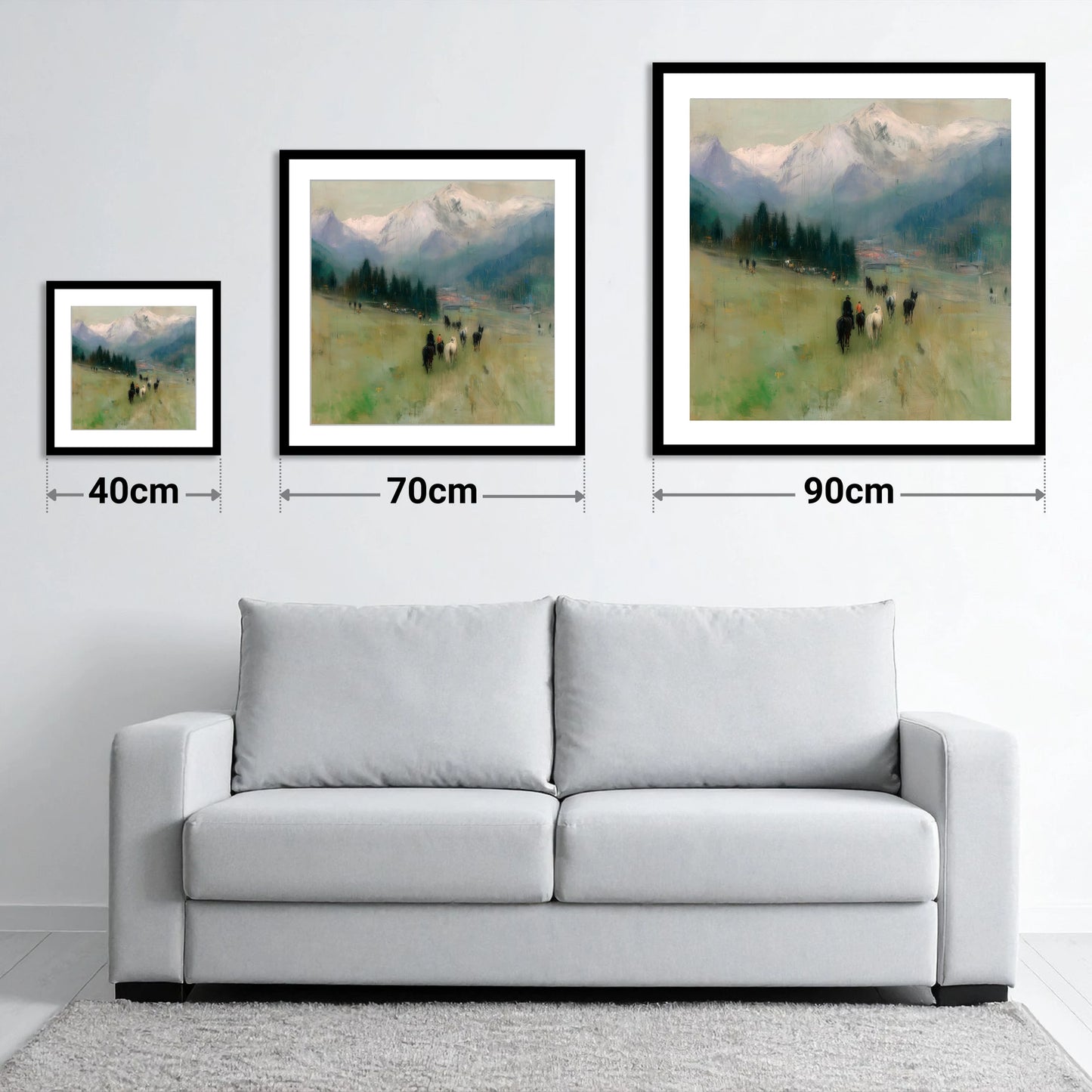 Distant Valley Ride - size guide showing 40cm, 70cm and 90cm art prints