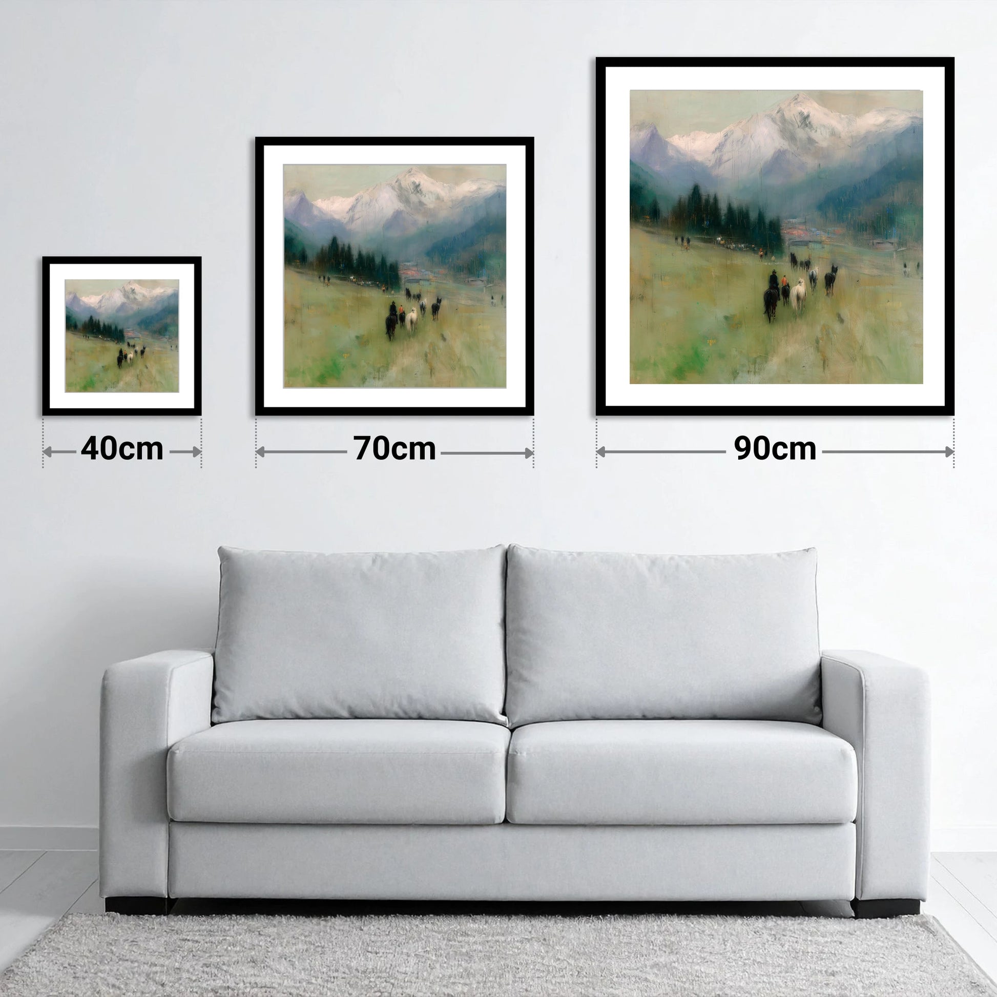 Distant Valley Ride - size guide showing 40cm, 70cm and 90cm art prints