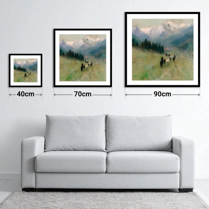 Distant Valley Ride - size guide showing 40cm, 70cm and 90cm art prints