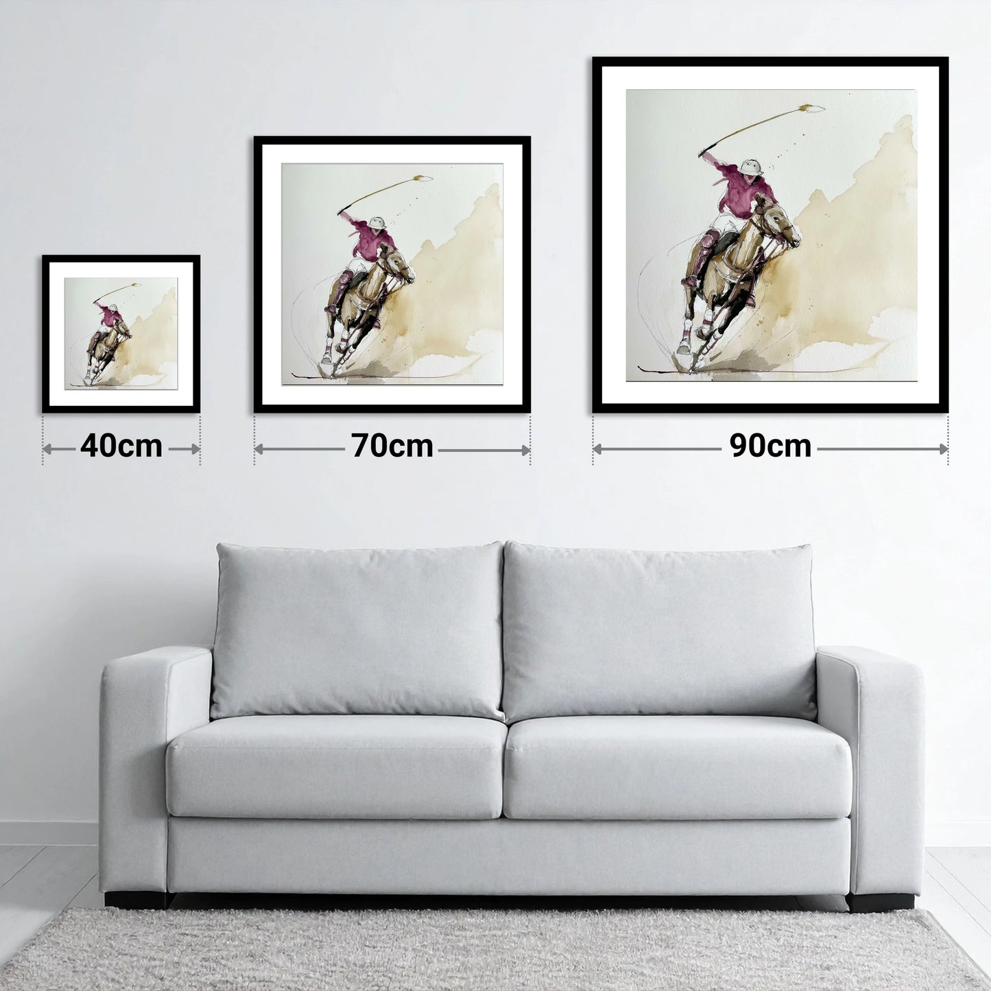 The Decisive Swing - size guide showing 40cm, 70cm and 90cm art prints