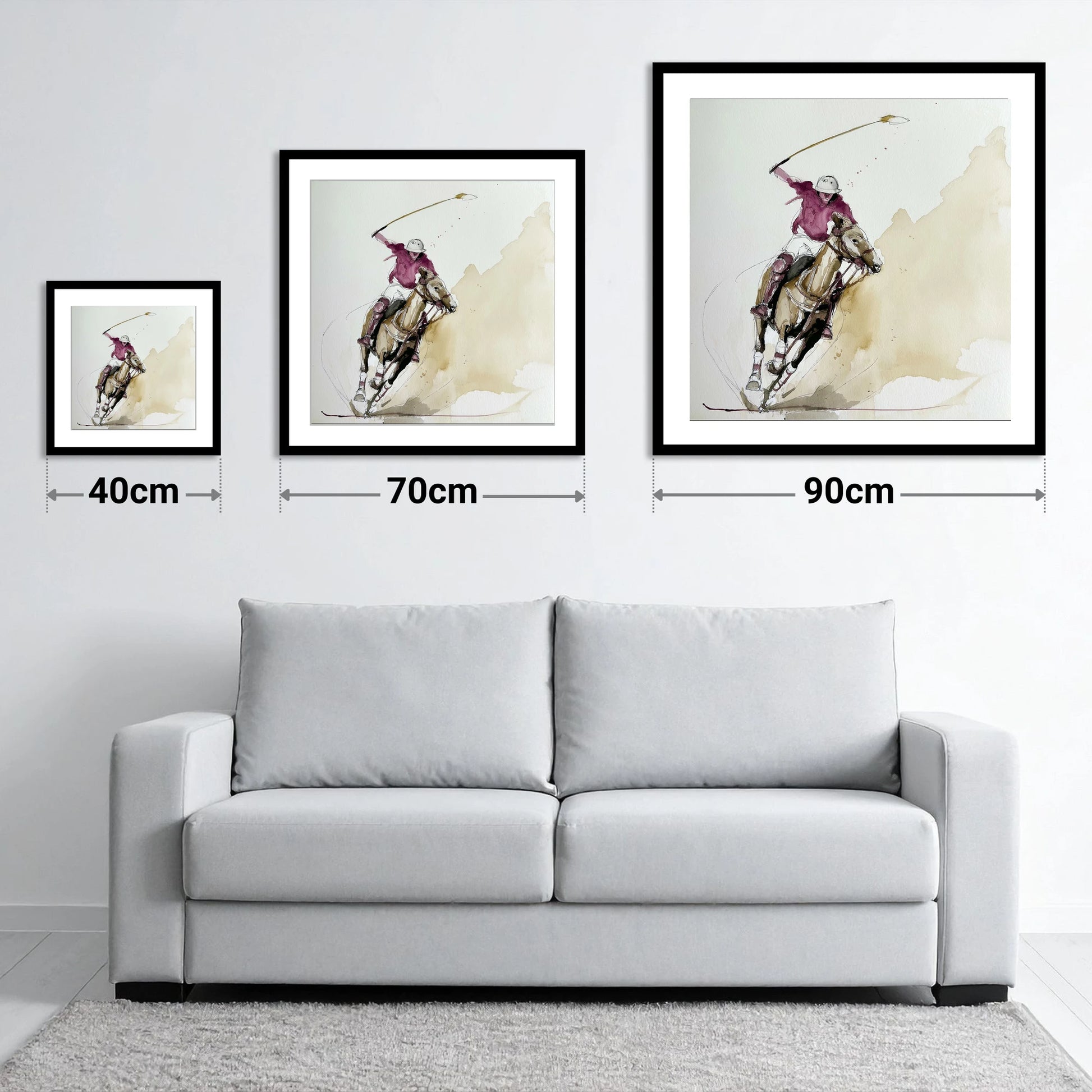 The Decisive Swing - size guide showing 40cm, 70cm and 90cm art prints