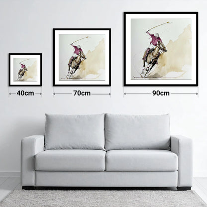 The Decisive Swing - size guide showing 40cm, 70cm and 90cm art prints