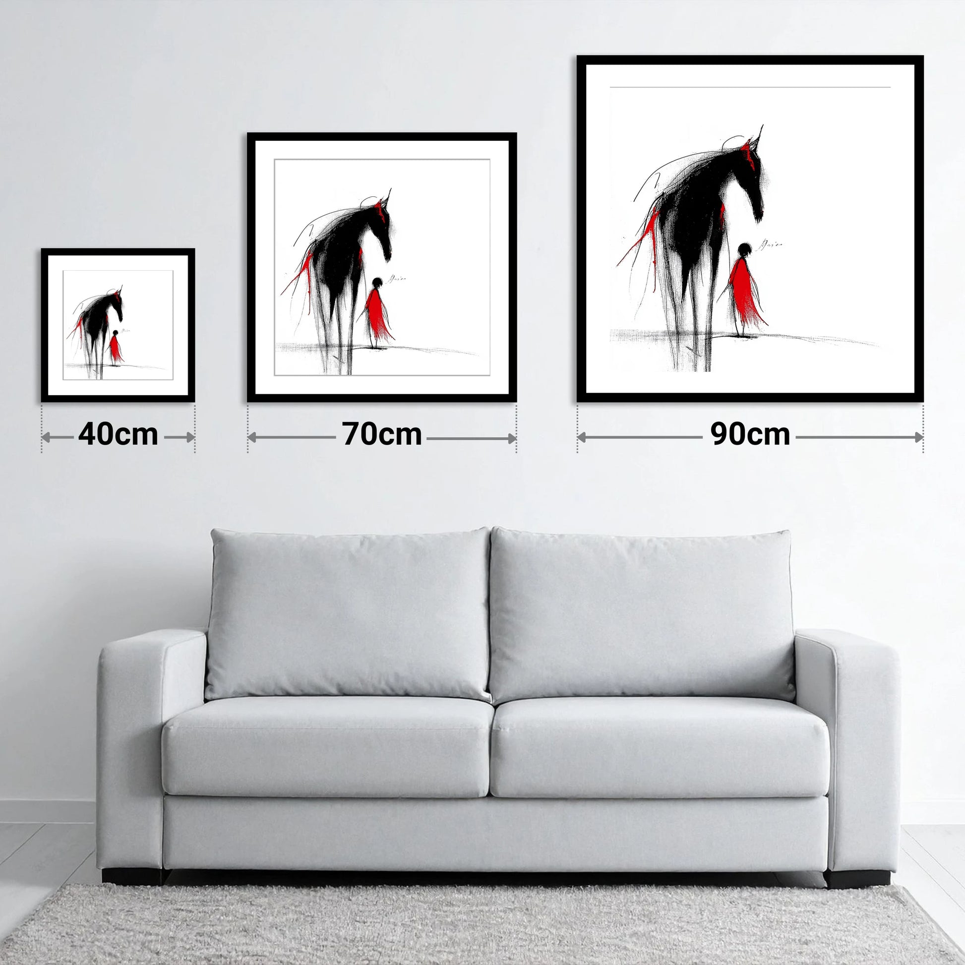 Crimson Silhouette - size guide showing 40cm, 70cm and 90cm art prints