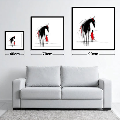 Crimson Silhouette - size guide showing 40cm, 70cm and 90cm art prints