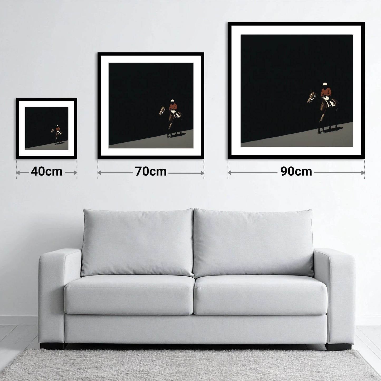 Before the Start - size guide showing 40cm, 70cm and 90cm art prints