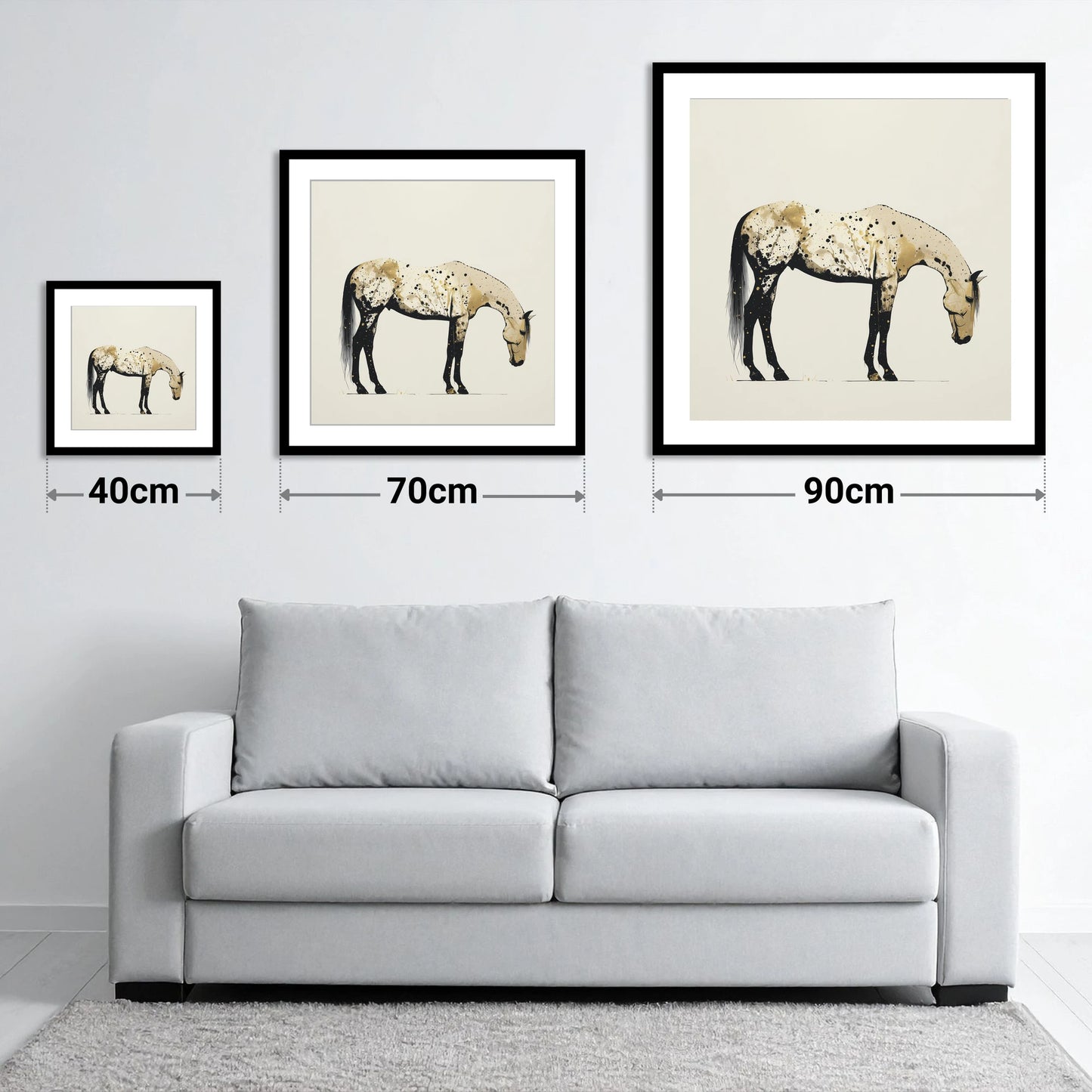 Gilded Appaloosa Elegance - size guide showing 40cm, 70cm and 90cm art prints