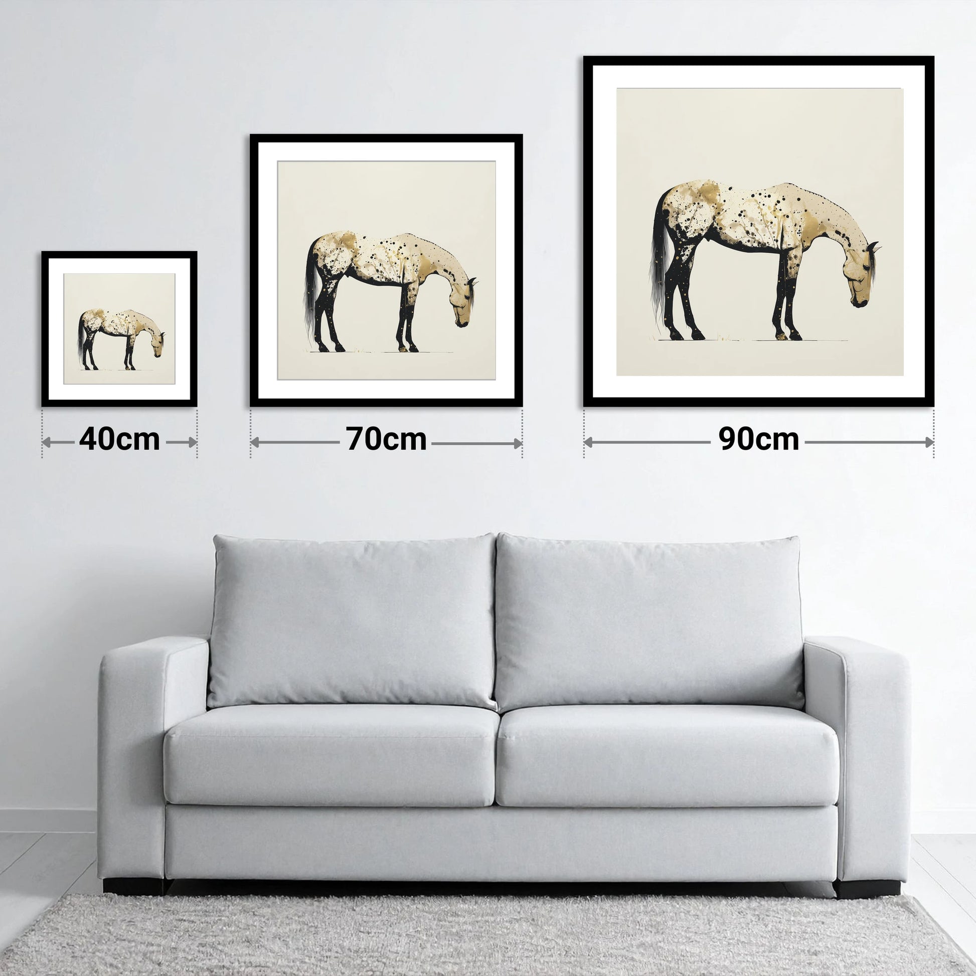 Gilded Appaloosa Elegance - size guide showing 40cm, 70cm and 90cm art prints