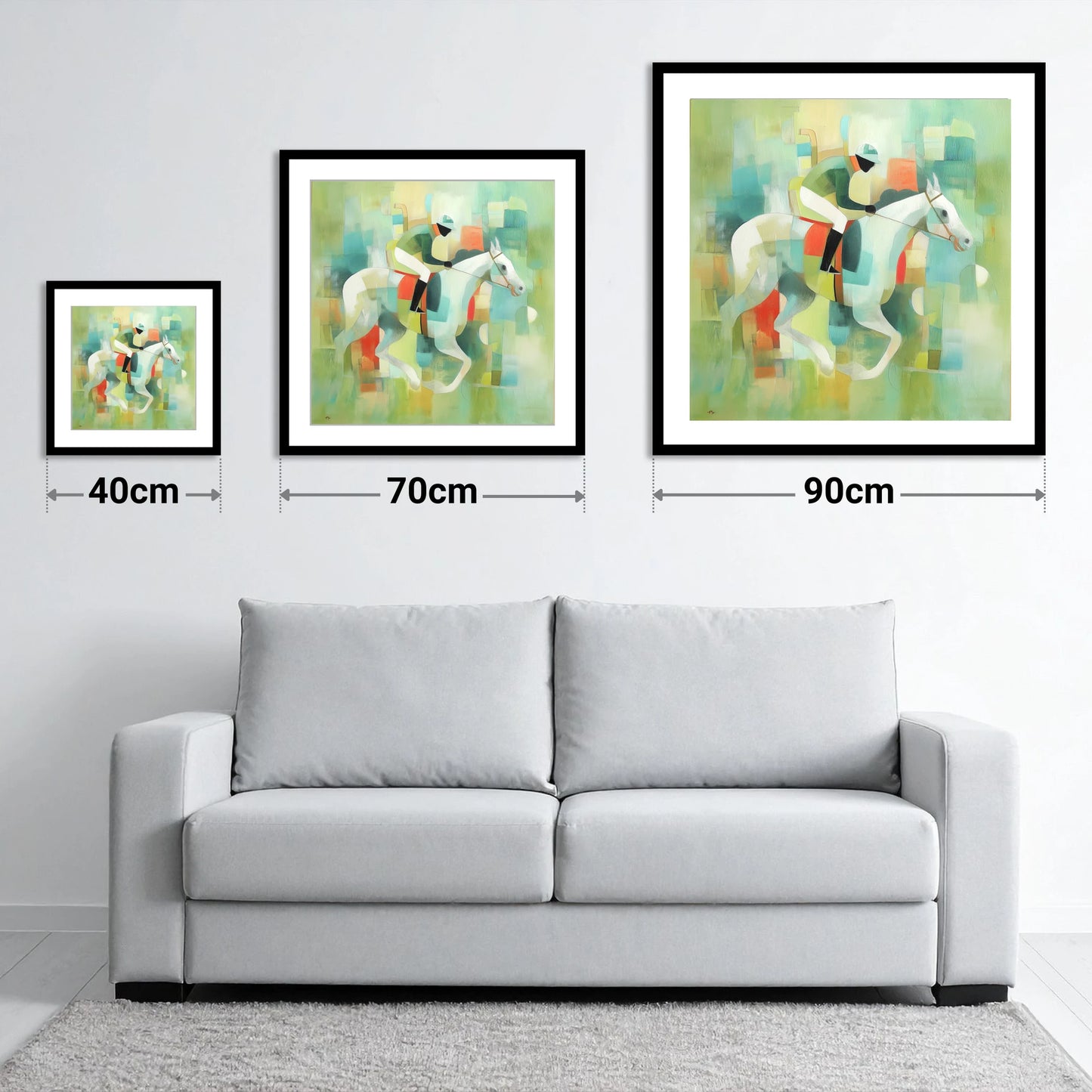 Structured Stride - size guide showing 40cm, 70cm and 90cm art prints