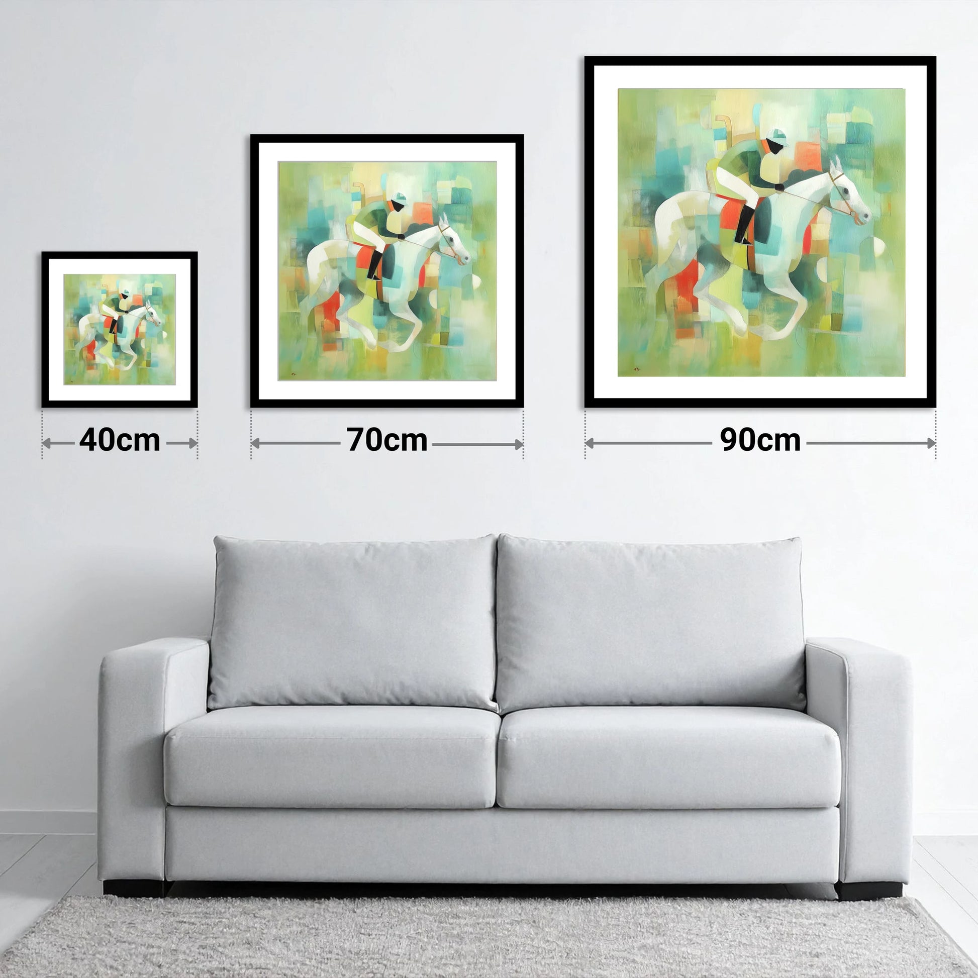 Structured Stride - size guide showing 40cm, 70cm and 90cm art prints