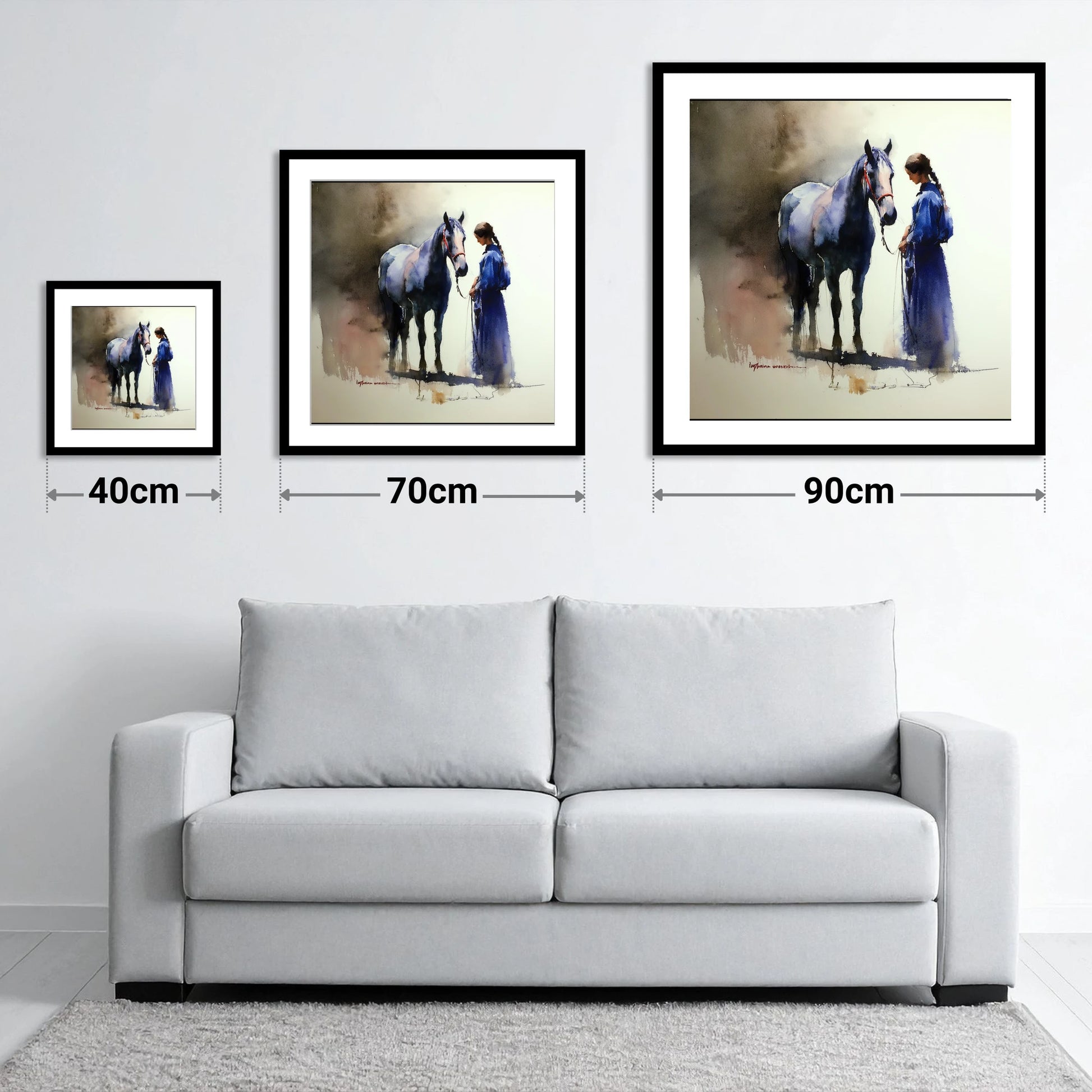 The Silent Bond - size guide showing 40cm, 70cm and 90cm art prints