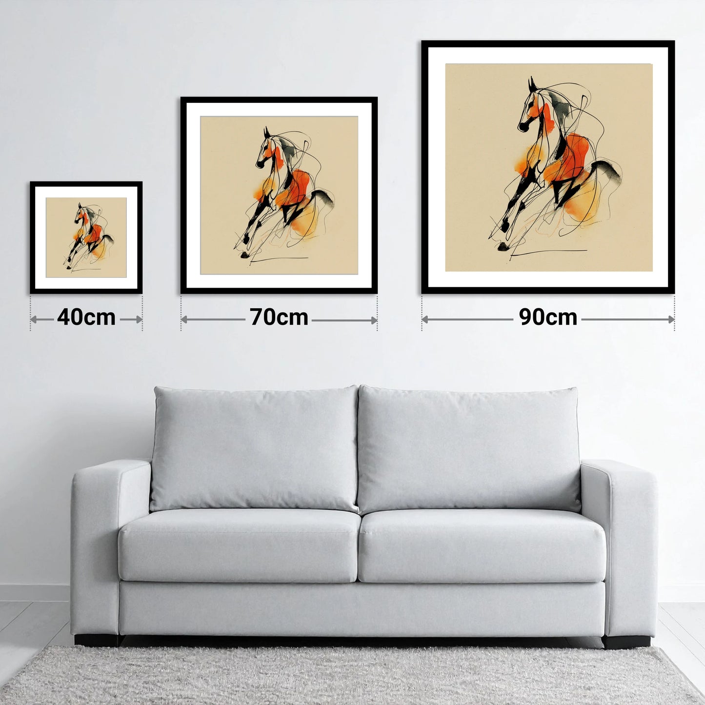 Fluid Amber Spirit - size guide showing 40cm, 70cm and 90cm art prints