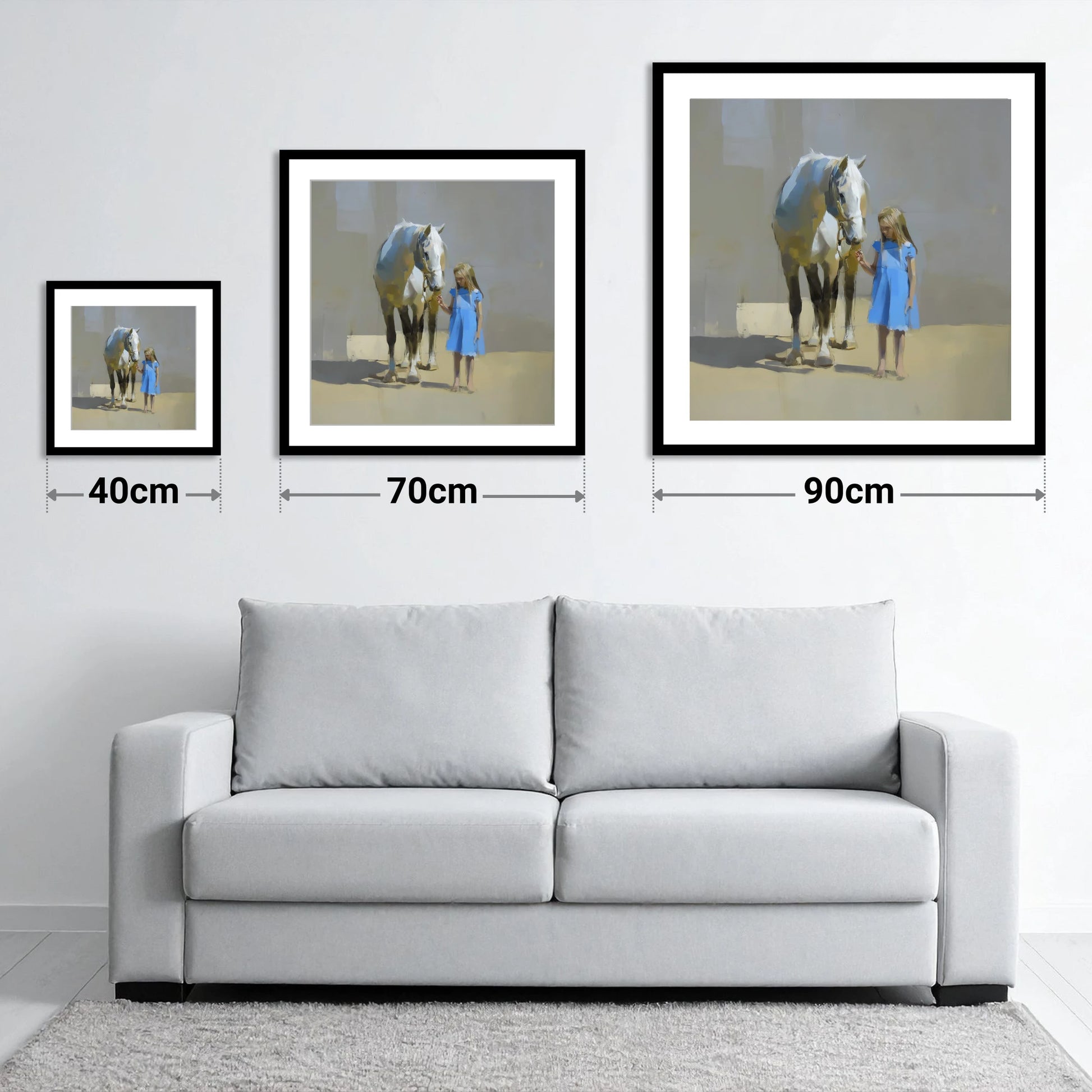 A Quiet Understanding - size guide showing 40cm, 70cm and 90cm art prints