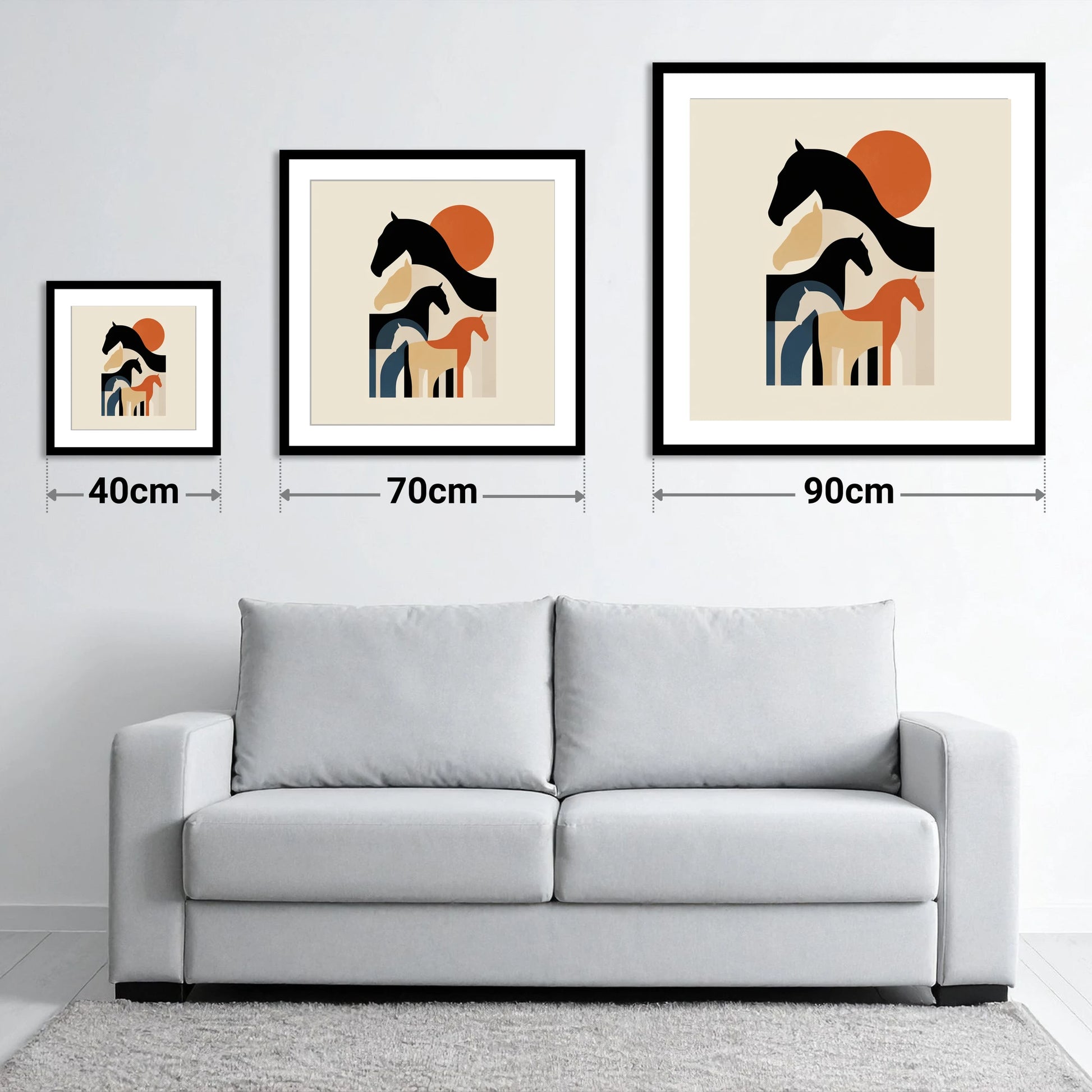 Retro Equine Silhouettes - size guide showing 40cm, 70cm and 90cm art prints