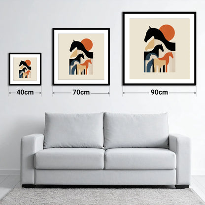 Retro Equine Silhouettes - size guide showing 40cm, 70cm and 90cm art prints